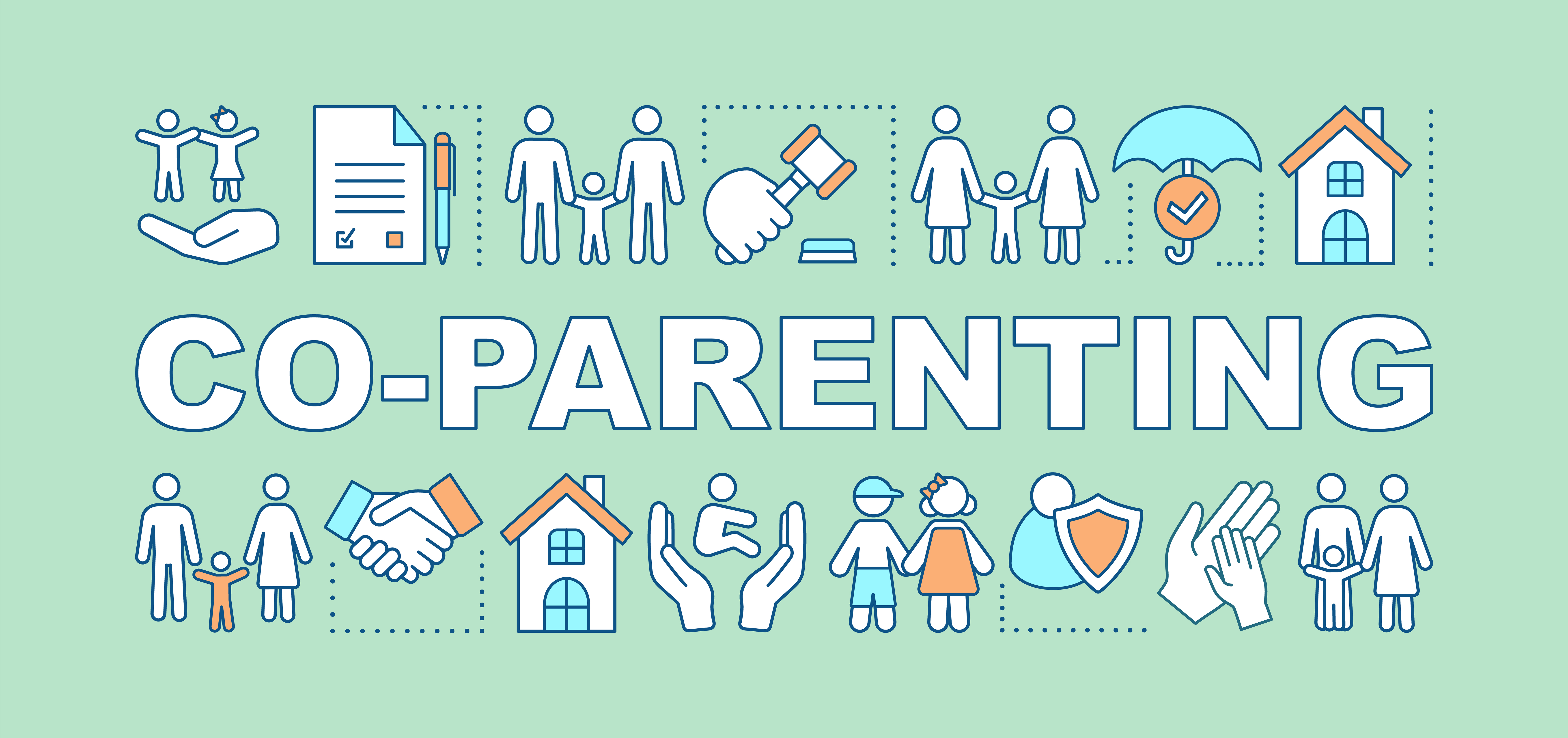 Co-parenting concepts banner. Separation agreement. Joint child custody. Coparent. Divorce. Presentation, website. Isolated lettering typography idea with linear icons.