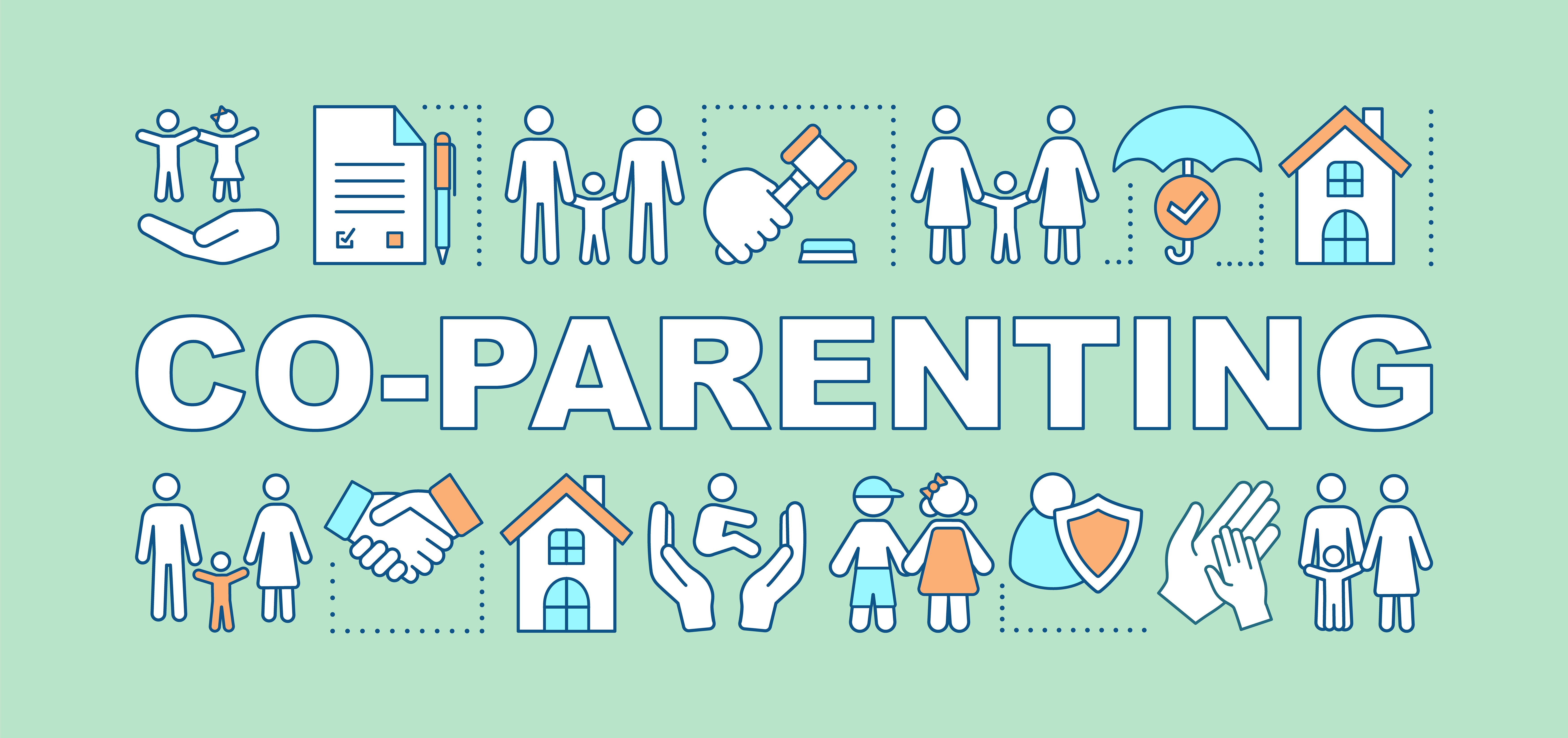 Co-parenting concepts banner Co-parenting concepts banner. Separation agreement. Joint child custody. Coparent. Divorce. Presentation, website. Isolated lettering typography idea with linear icons.